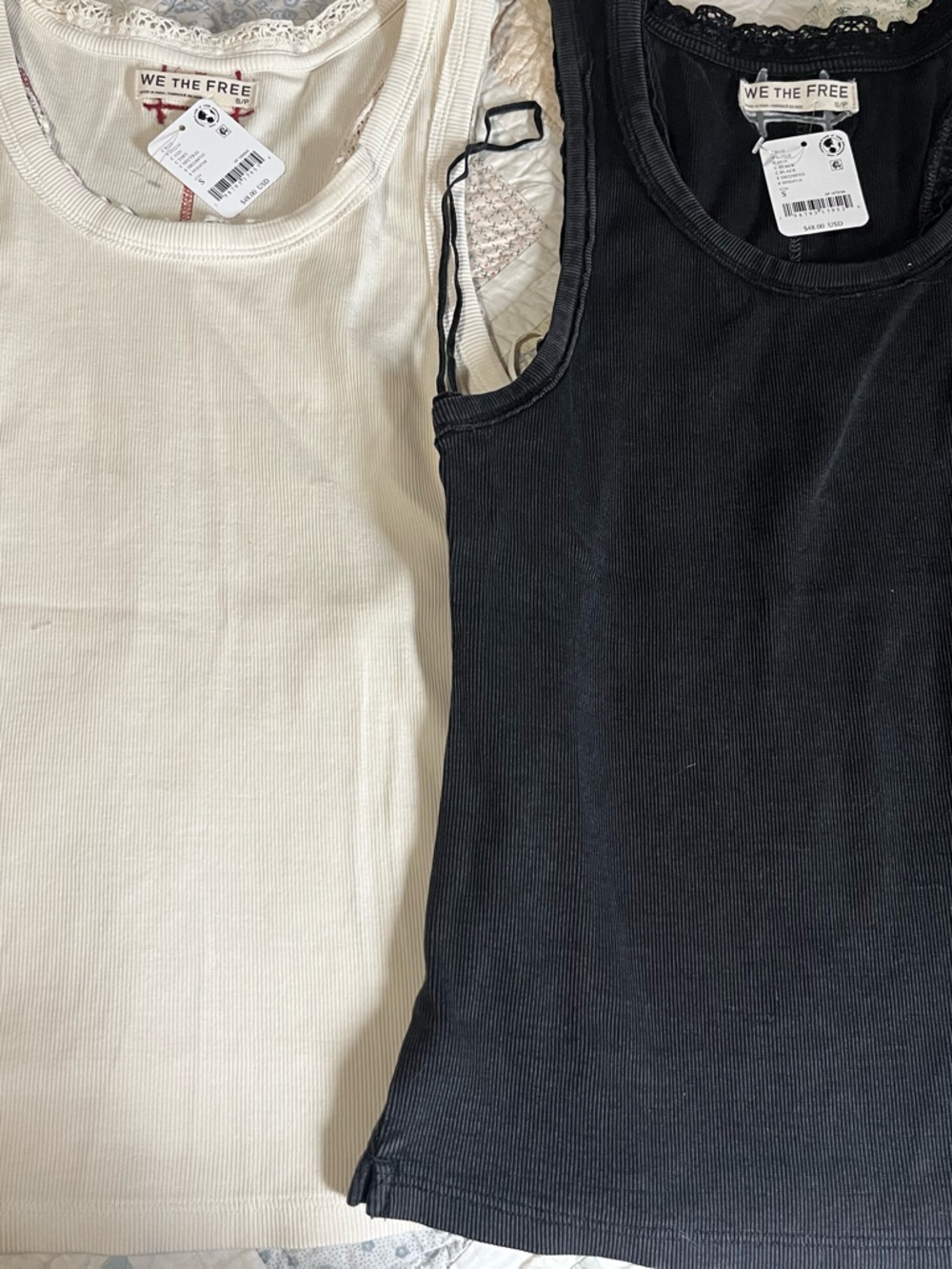 Free People Ribbed Lace-Trim Tank Tops — Cream & Black